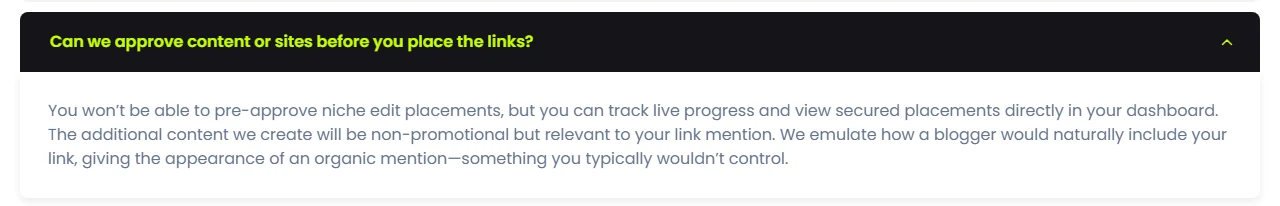 FatJoe niche edits FAQ answering that customers won't be able to pre-approve placements