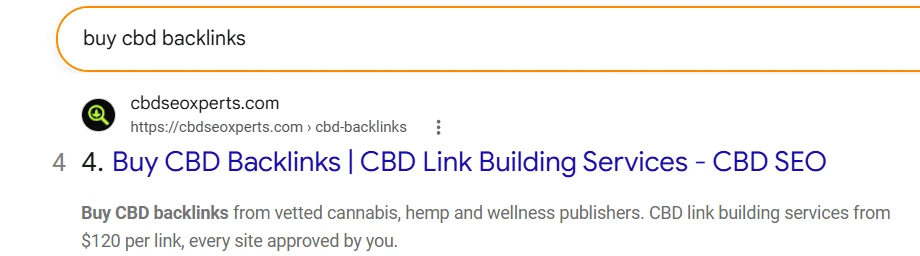 Google search results for "buy cbd backlinks" with the CBDSEOXperts CBD backlinks page in the top 5